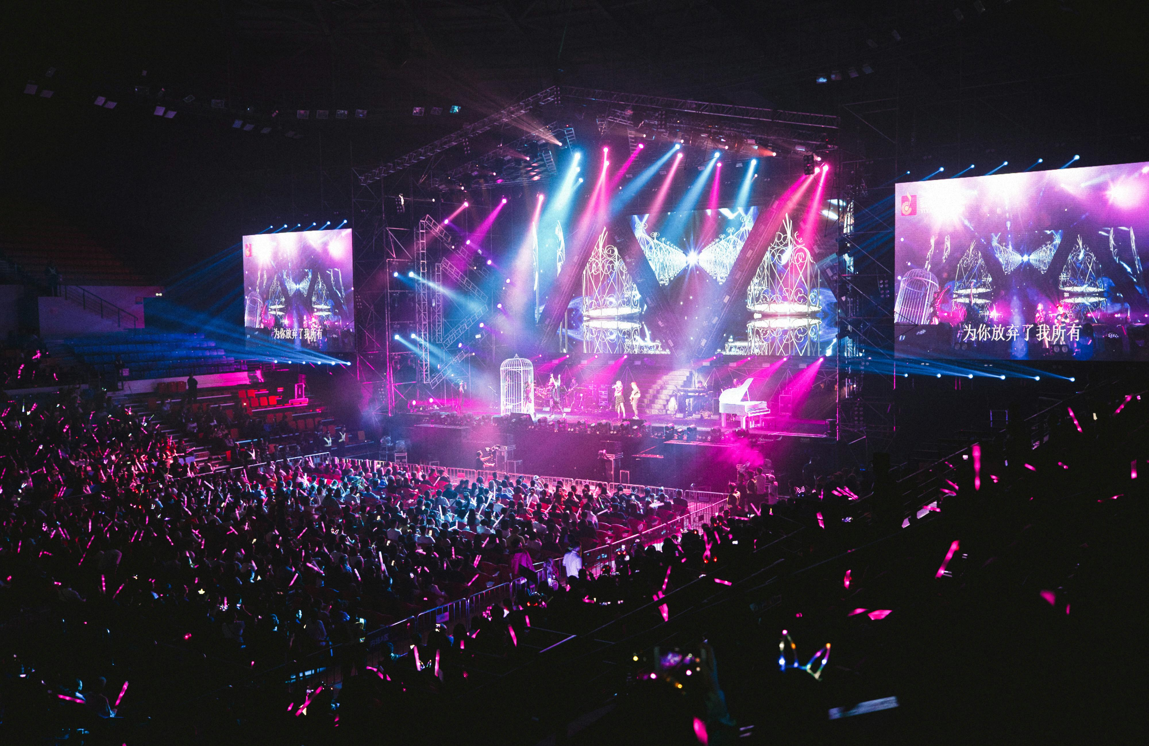 A lively concert with a large crowd and stage lights